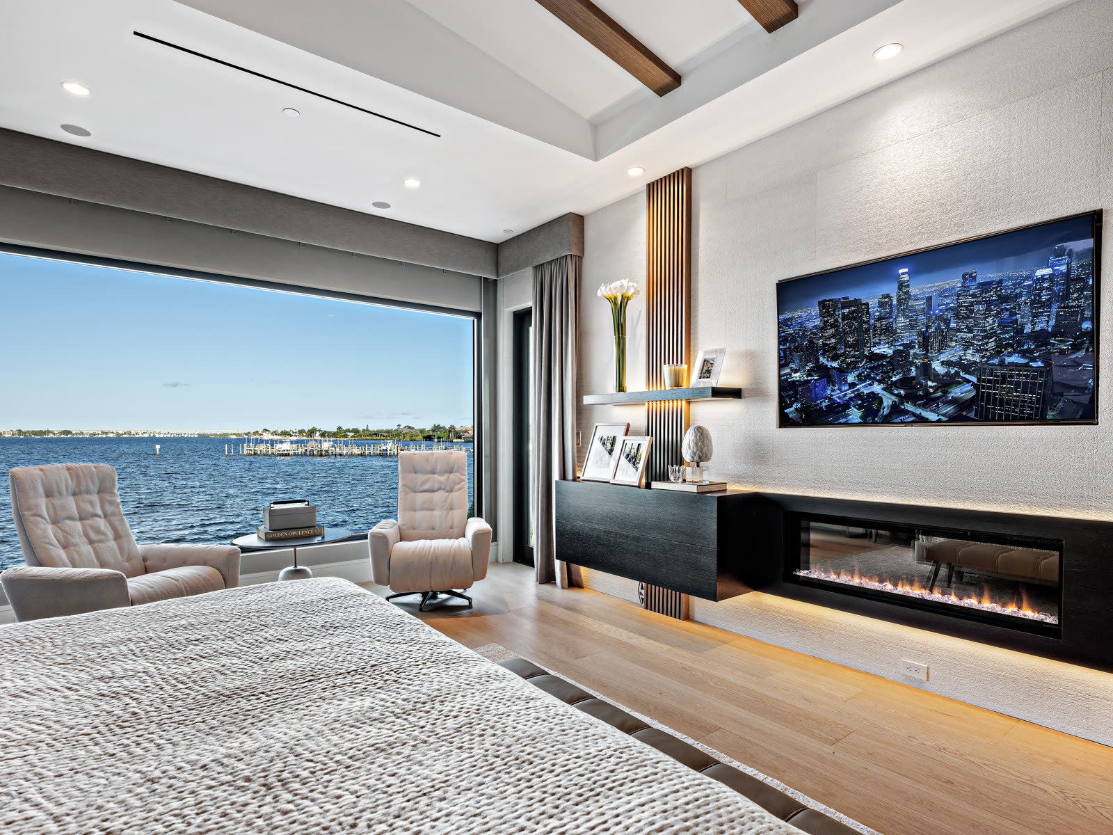 Luxury living space with impact windows overlooking the water